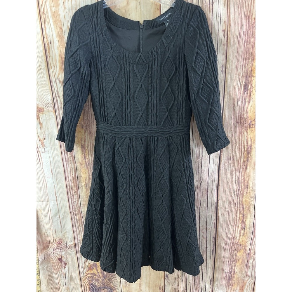 PINK TARTAN Little Black Cable Knit Fit N Flare Dress Size Small 3/4 Sleeve